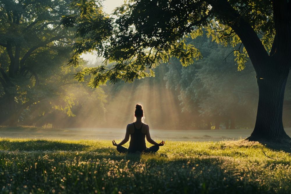 Frau sitzt im Schneidersitz auf einer Waldlichtung